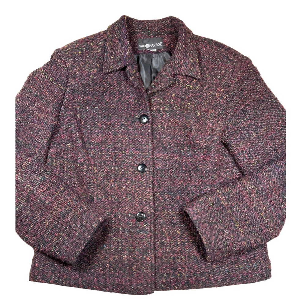 Sag Harbor Womens Burgundy Multicolor Boucle Tweed Blazer Jacket Size 12 F0312BC